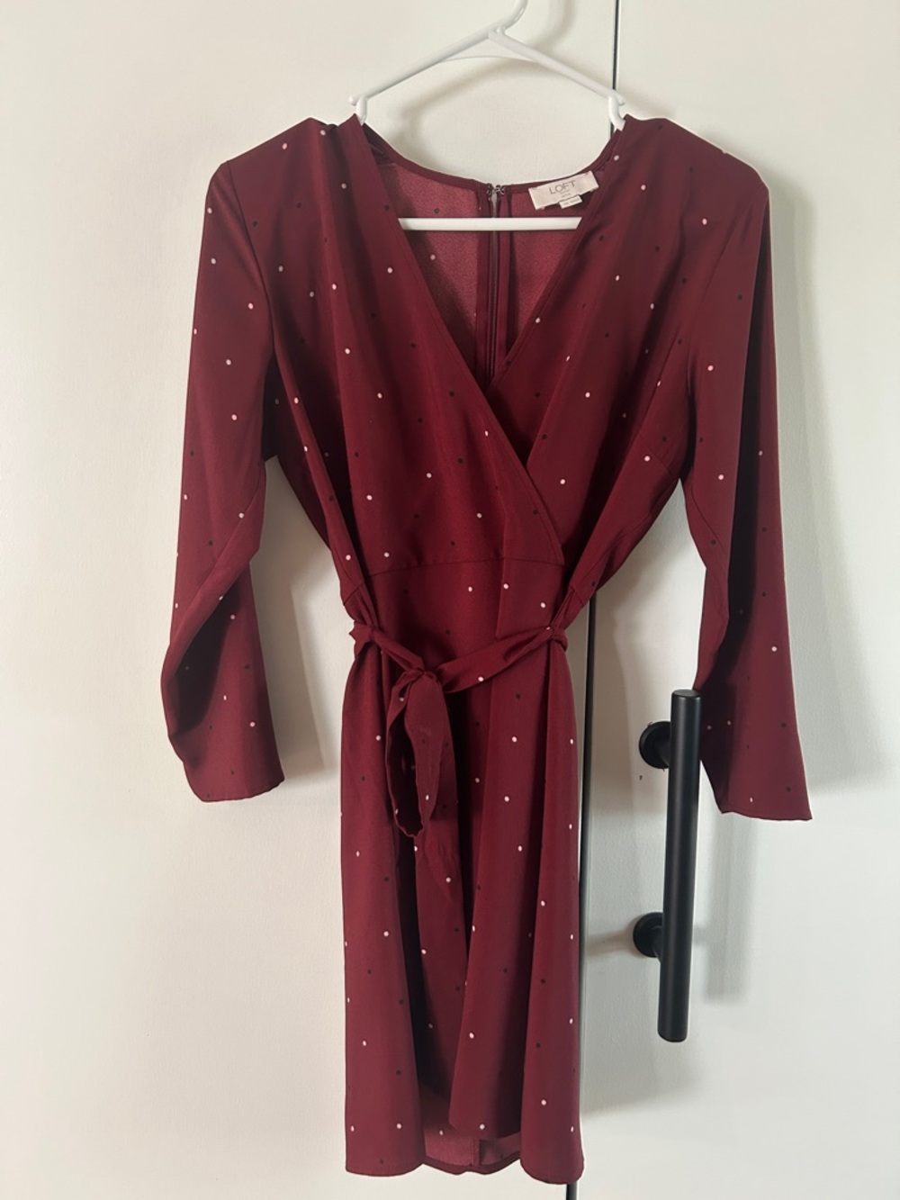 LOFT Wine Red Long Sleeve Wrap Dress with White/Black/Light Pink Dot Print